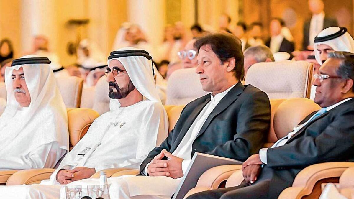 Sheikh Mohammed, Pakistan Prime Minister Imran Khan and others attending the opening ceremony of the Future Investment Initiative conference in Riyadh on Tuesday. — Wam