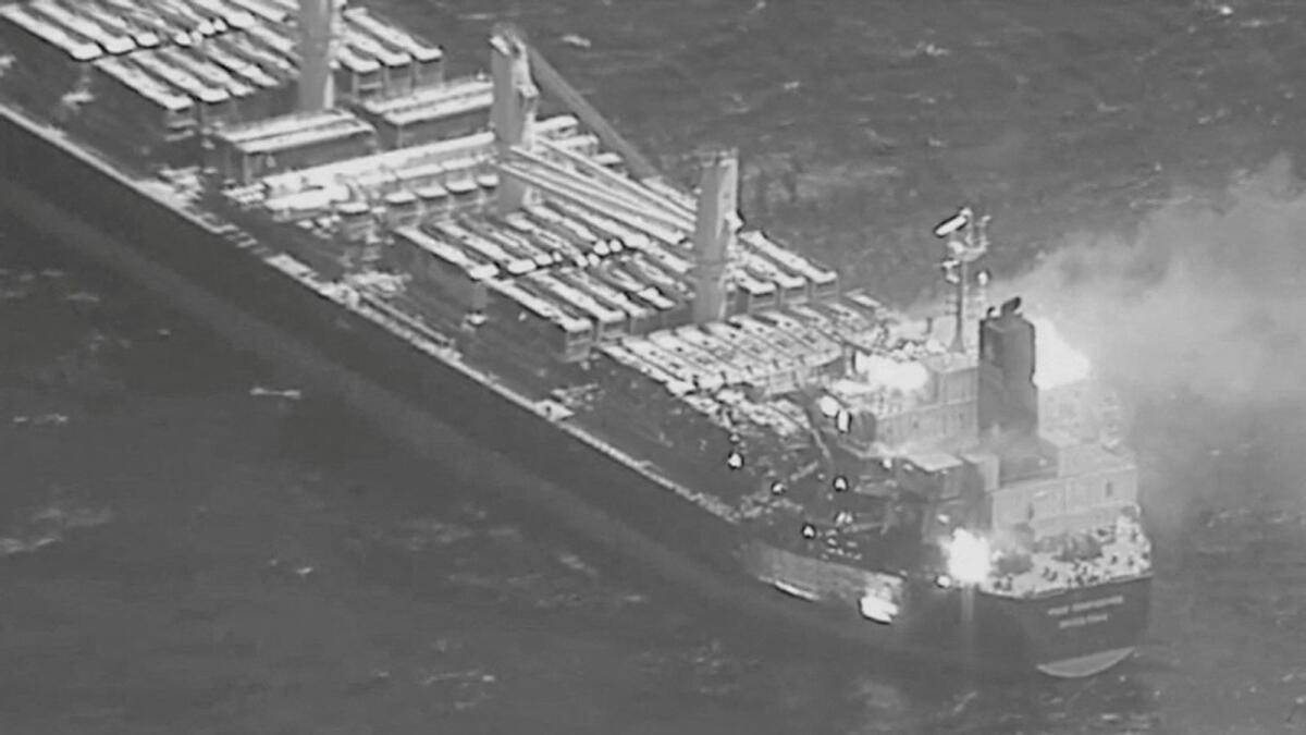 An aerial view of the Barbados-flagged ship True Confidence ablaze following a Houthi missile attack at sea, on March 6, 2024. — Reuters