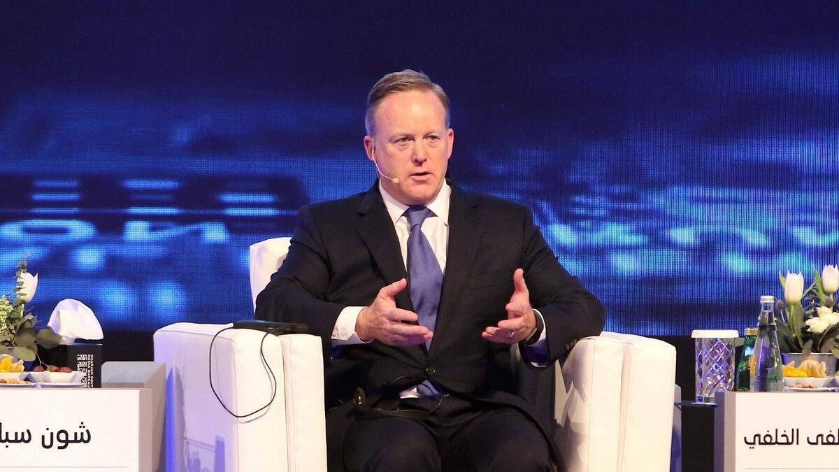 Sean Spicer speaks at the International Government Communications Forum in Sharjah.-Photo by M. Sajjad/Khaleej Times 