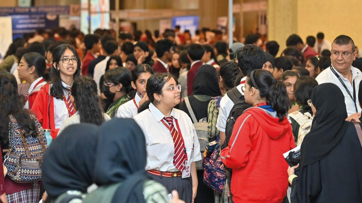 Students at KT UniExpo, hosted by Khaleej Times, in Dubai. Over 2,000 higher secondary school students from leading education institutions in Dubai visited the interactive fair. Photos by Muhammad Sajjad / Khaleej Times
