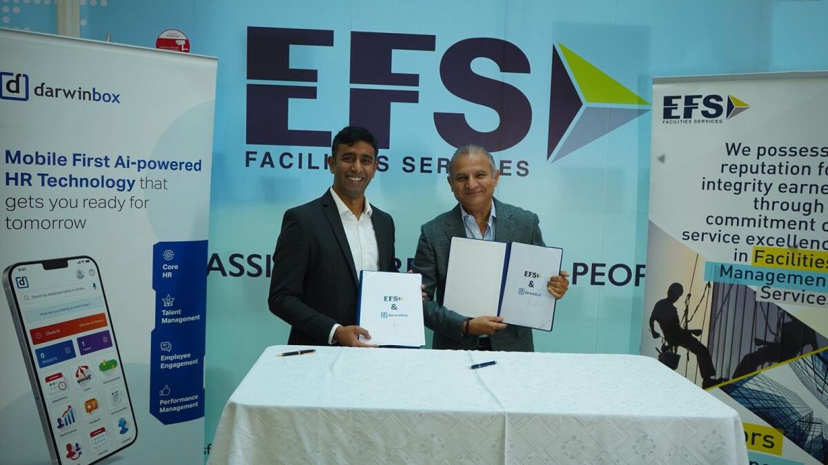 Jayant Paleti (left), Co-founder, Darwinbox and Tariq Chauhan, Group CEO and Board member, EFS Group announcing the partnership. — Supplied photo