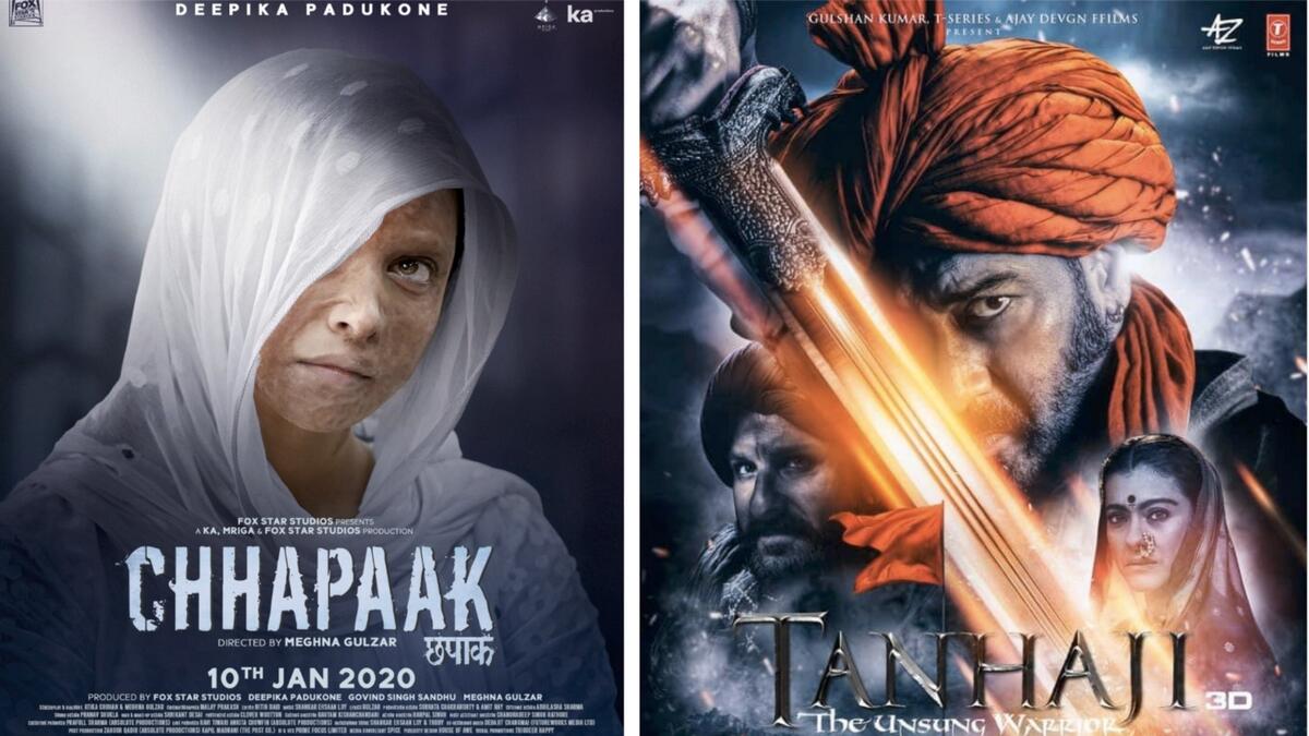Star-studded movies to hit the theatres in the initial weeks of the year are Deepika Padukone's 'Chhapaak' and Ajay Devgn's period-drama 'Tanhaji'. The two big projects will clash on the second Friday of the year with a January 10 release.