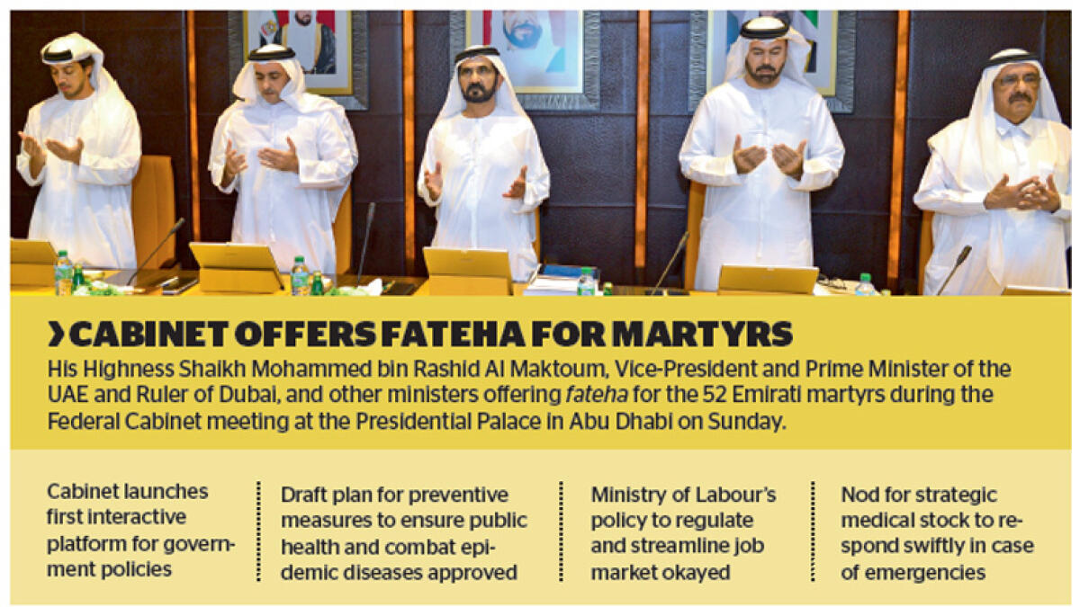 His Highness Shaikh Mohammed bin Rashid Al Maktoum, Vice-President and Prime Minister of the UAE and Ruler of Dubai, and other ministers offering fateha for the 52 Emirati martyrs during the Federal Cabinet meeting at the Presidential Palace in Abu Dhabi 
