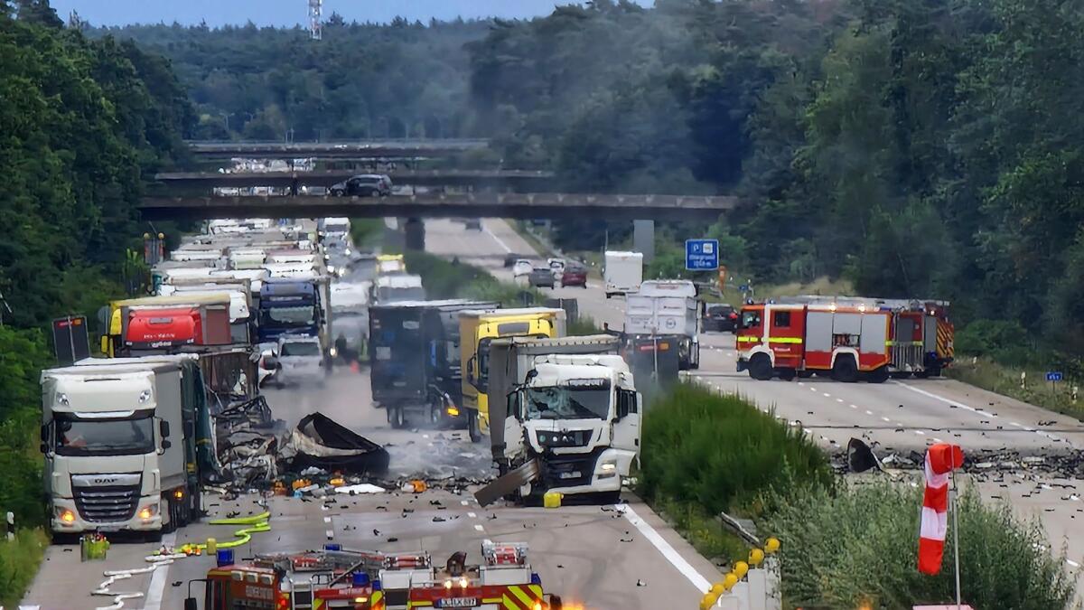 Debris from a truck lies on the highway 2 between Theessen and Burg, Germany, on Tuesday, Aug. 29, 2023.— AP