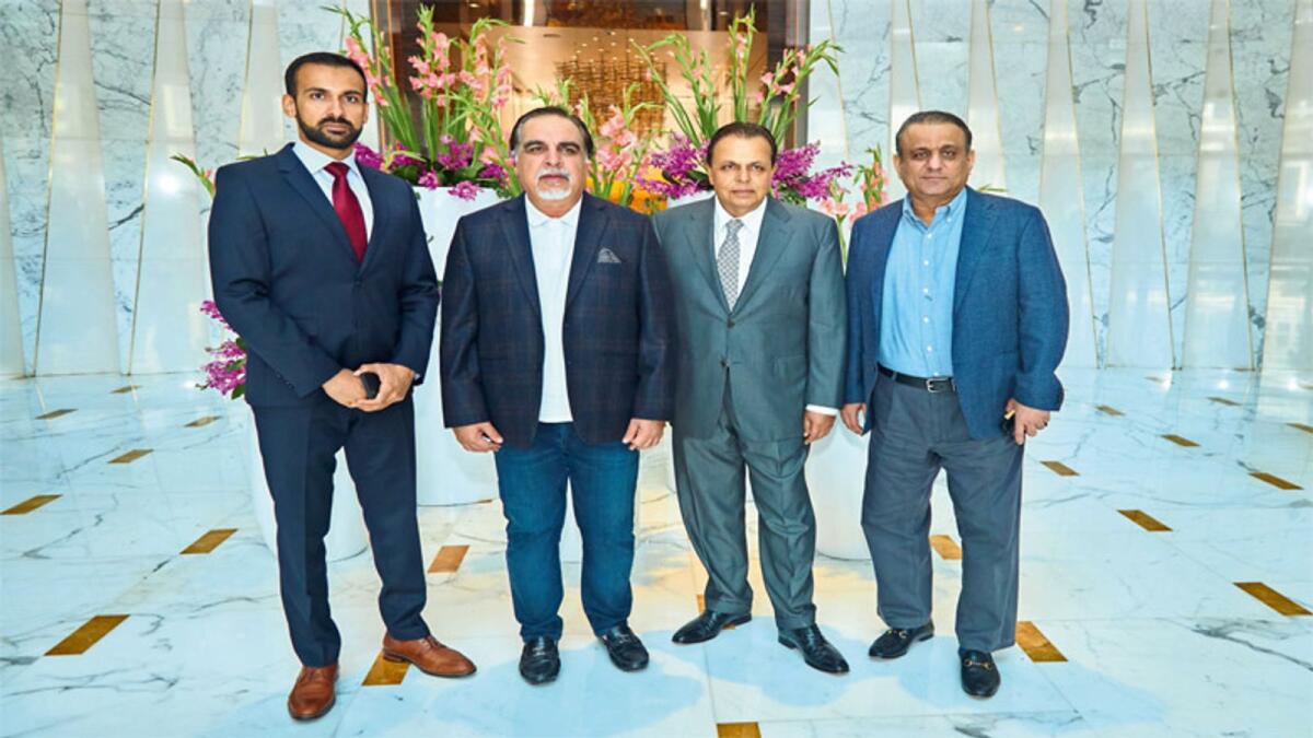 Mohammed Chaudhry, director of Cinergie Group with Imran Ismail, governor of Sindh province; Imran Chaudhry, chairman of Cinergie Group Dubai; and Aleem Khan, Punjab senior minister at a lunch hosted by Imran Chaudhry in honour of Imran Ismail.