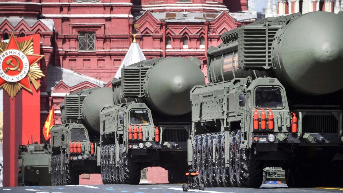 Russian Yars intercontinental ballistic missile launchers parade through Red Square during the Victory Day military parade in 2022. — Photo: AFP file