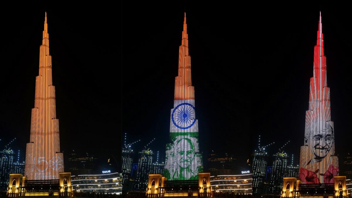 Burj Khalifa, Mahatma Gandhi, Indian flag, Dubai, UAE, 150th birth anniversary