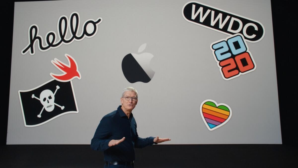 Apple CEO Tim Cook delivering his keynote to kick off WWDC20 from Apple Park in California.