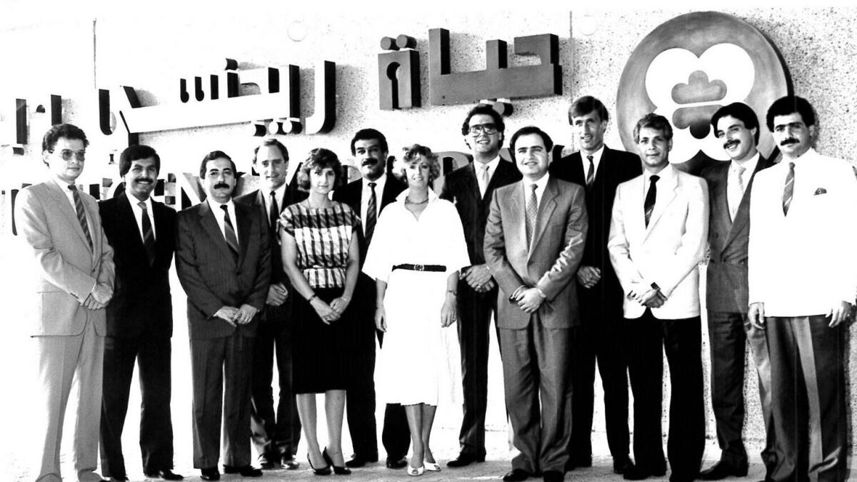 El Hayek (fifth from right) with different sales managers of Hyatt Middle East in Jeddah during a Gulf Cooperation Council (GCC) sales trip in 1985.