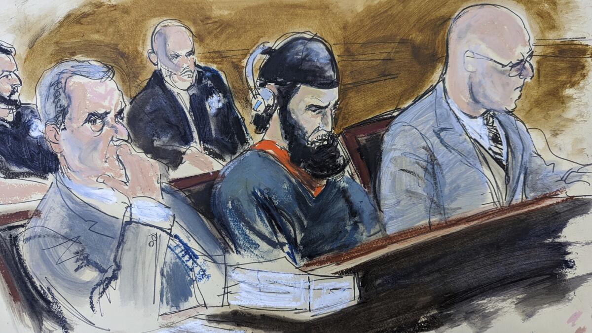 In this courtroom sketch in federal court in New York on Wednesday, Sayfullo Saipov, centre, is flanked by his attorneys, David M. Stern, left, and federal Defender Andrew John Dalack, right, during victim impact statements in the sentencing phase of his trial. Photo: AP