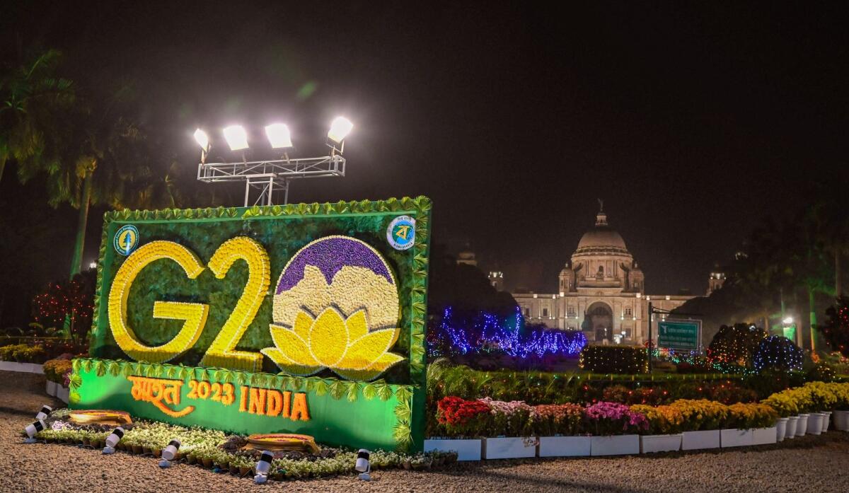 The Victoria Memorial is decorated during the closing day of the first meeting of Global Partnership for Financial Inclusion Working Group of G20 in Kolkata on January 11, 2023. Photo: PTI