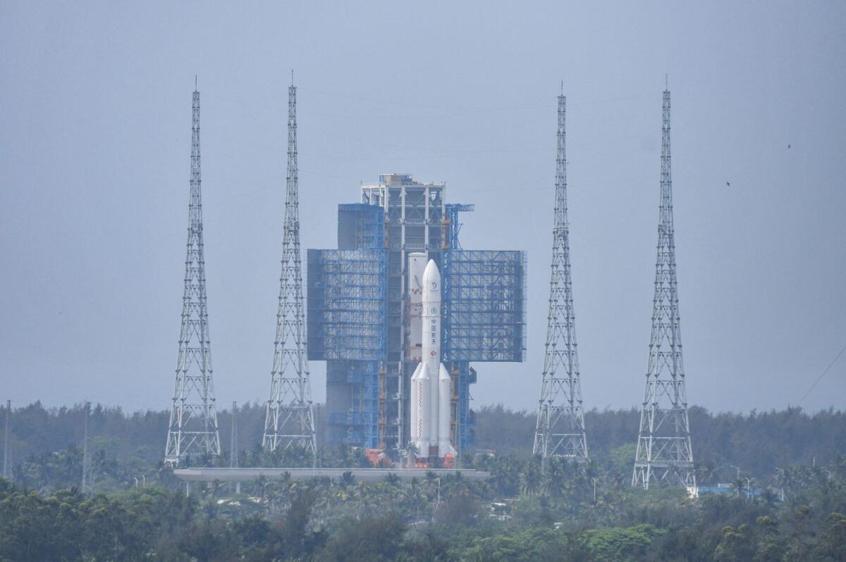 The Chang'e 6 lunar probe and the Long March-5 Y8 carrier rocket combination sit atop the launch pad at the Wenchang Space Launch Site in Hainan province, China, on  April 27. — Reuters