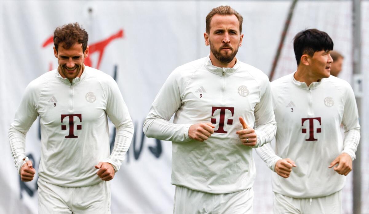 (From left) Bayern Munich's Leon Goretzka, Harry Kane and Kim Min-Jae at a training session in Munich on Tuesday. — AFP