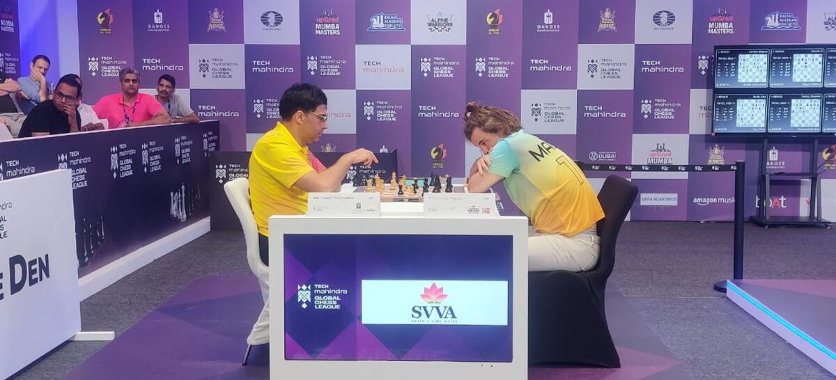 Anand and Carlsen during a dramatic top table game in the Tech Mahindra's Global Chess League in Dubai. - Supplied Photo