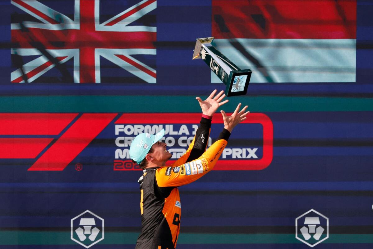 McLaren driver Lando Norris celebrates after winning the Miami Grand Prix. — Reuters