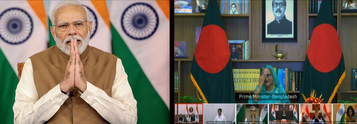 Prime Minister Narendra Modi with Bangladesh Prime Minister Sheikh Hasina during a joint inauguration of three Indian-assisted development projects via a video conference, on Wednesday. — PTI