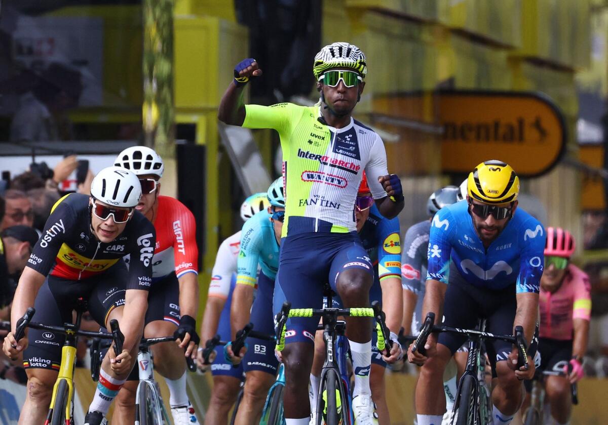Biniam Girmay celebrates winning stage 3 at the Tour de France on Monday. — Reuters