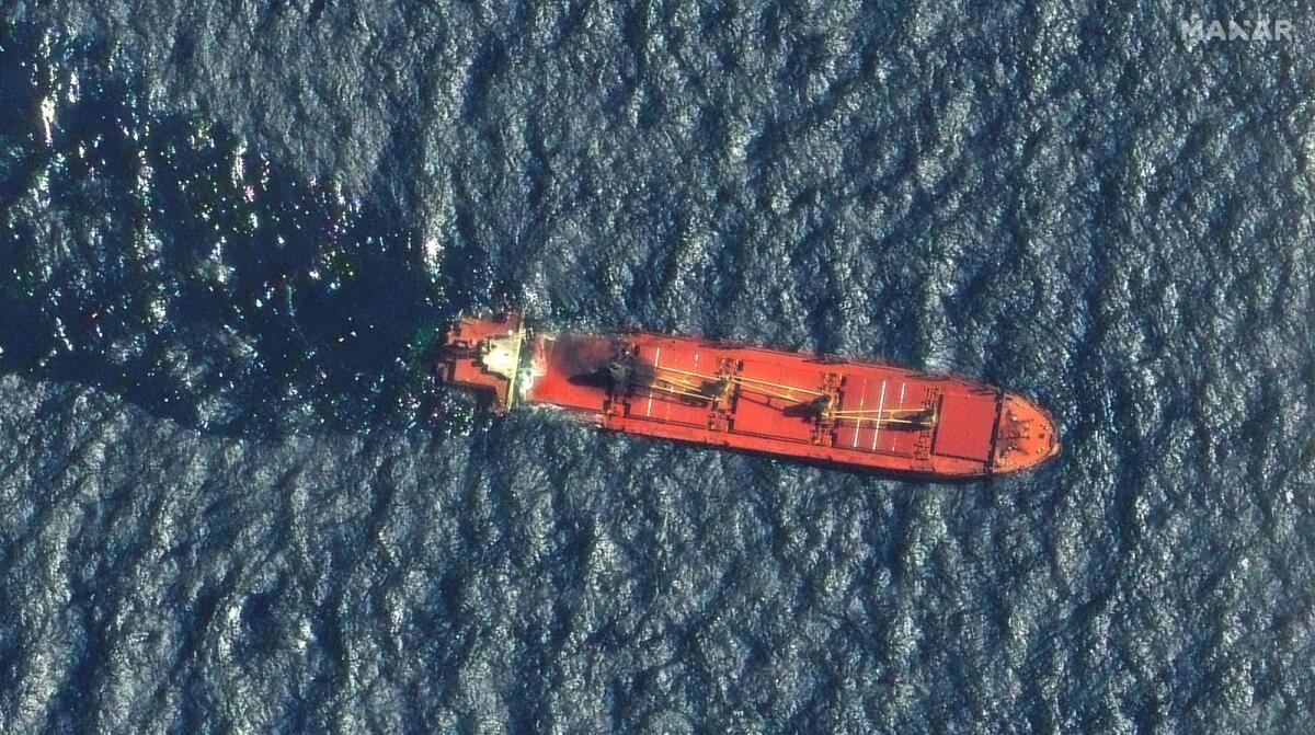 A satellite image shows the Belize-flagged and UK-owned cargo ship Rubymar, which was attacked by Yemen's Houthis, according to the US military's Central Command, before it sank, on the Red Sea, on March 1, 2024.   — Reuters