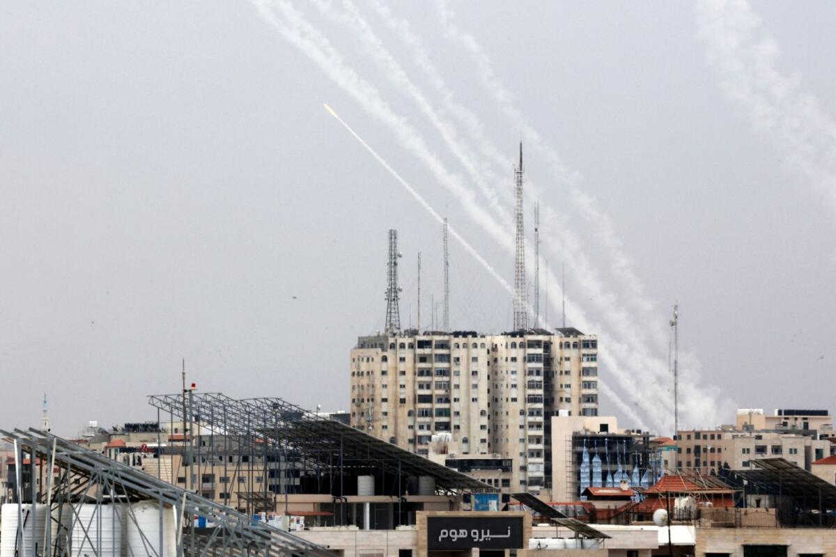 A salvo of rockets is fired by Palestinian militants from Gaza towards Israel on October 9, 2023. Photo: AFP