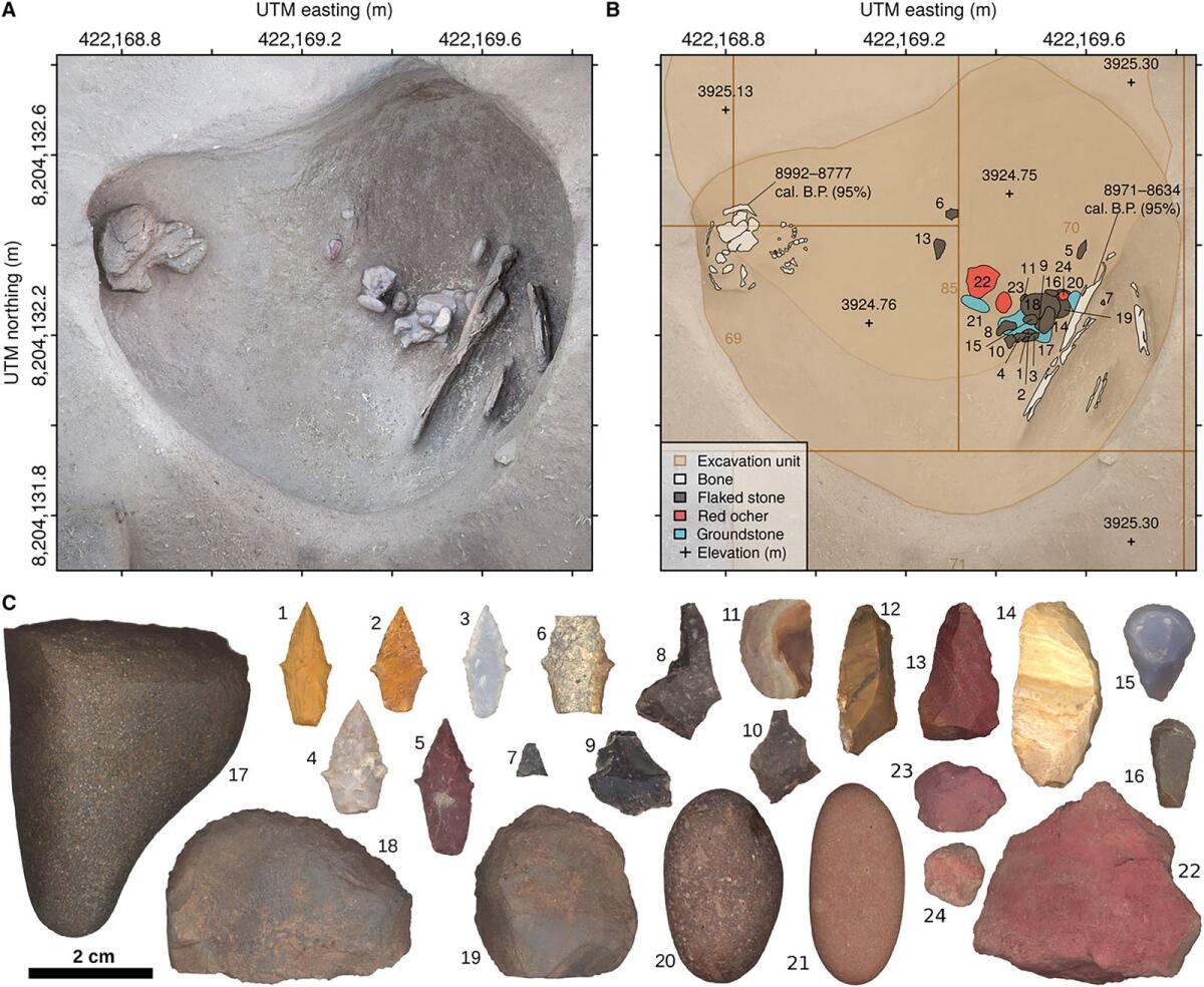 Undated images provided by Haas, et al., Science Advances 2020, showing, at top, a photo and diagram of the site in Peru where, in 2018, archaeologists found the remains of a female hunter and a hunting tool kit. At bottom, the tools. —  Haas, et al., Science Advances 2020 via The New York Times