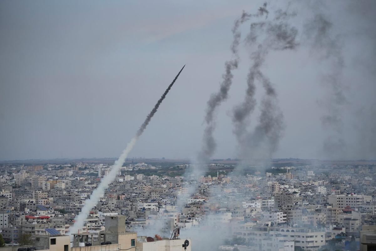 Rockets are launched by Palestinian militants from the Gaza Strip towards Israel, in Gaza, Saturday, Oct. 7, 2023. Photo: AP