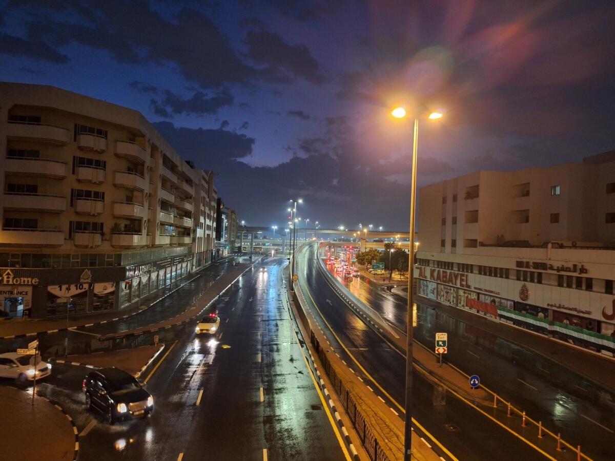 Photo: Cloudy skies and damp streets after heavy rain in Abu Hail, Dubai. (Laraib/KT)