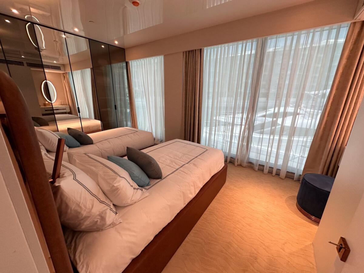 One of the three bedrooms of the Neptune by Kempinski, a floating villa in Dubai. KT Photos: Neeraj Murali.