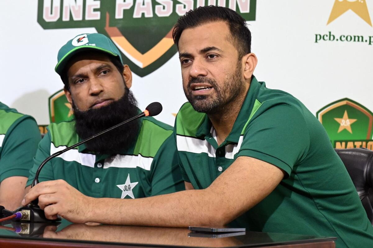 Pakistan selectors Wahab Riaz (right) and Mohammad Yousuf during a press conference on Thursday. — AFP
