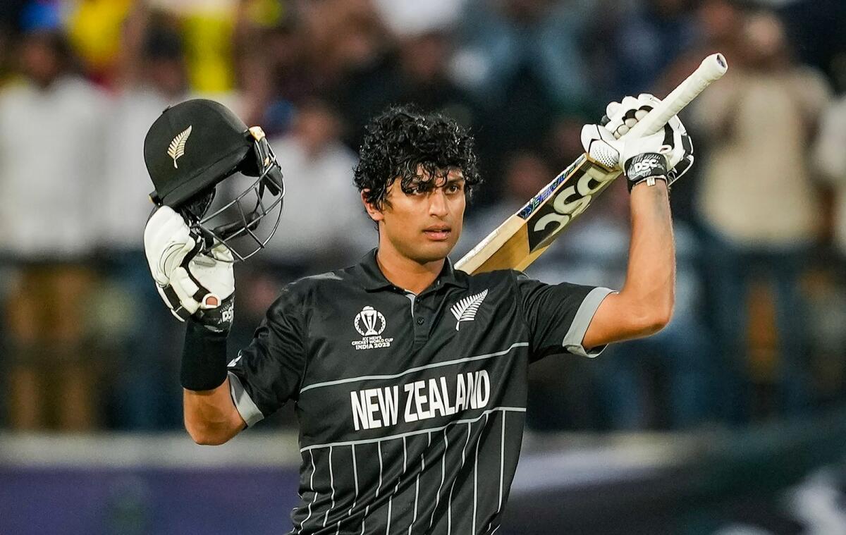 New Zealand's Rachin Ravindra celebrates his century against Australia. — PTI
