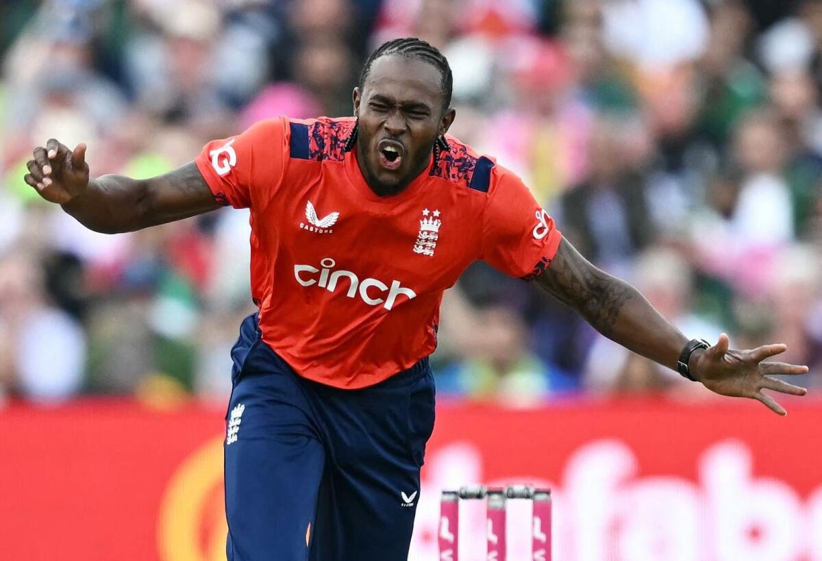 England's Jofra Archer reacts during the second T20 international cricket match against Pakistan at Edgbaston, in Birmingham, central England, on May 25. - AFP