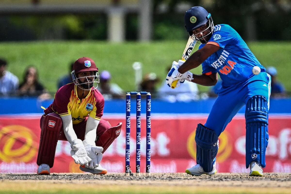 Sanju Samson of India plays a shot during the fifth and final T20I match against West Indies. — AFP