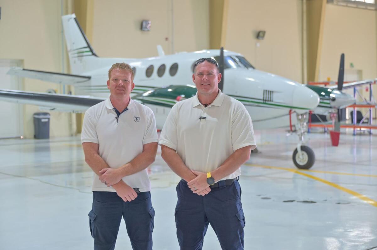 From L-R Mark Newman and William Murgatroyd Pilot at NCM give a pose for the photographs at National Center of Meteorology at Al Ain AirPort on 12th Oct 2023. Photo: Rahul Gajjar
