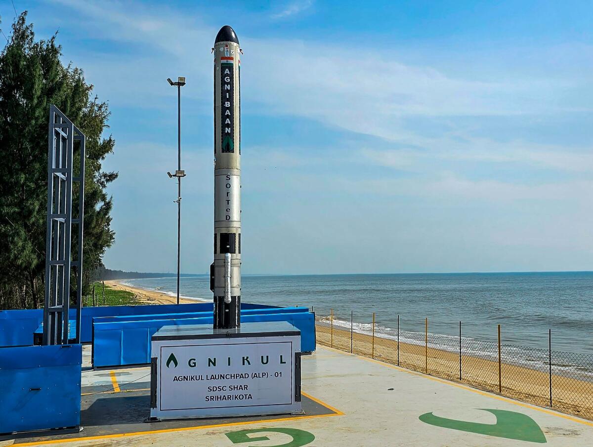 Agnibaan SubOrbital Technological Demonstrator rocket of Chennai-based Agnikul Cosmos sits on the launch pad at Satish Dhawan Space Centre, in Sriharikota. — PTI