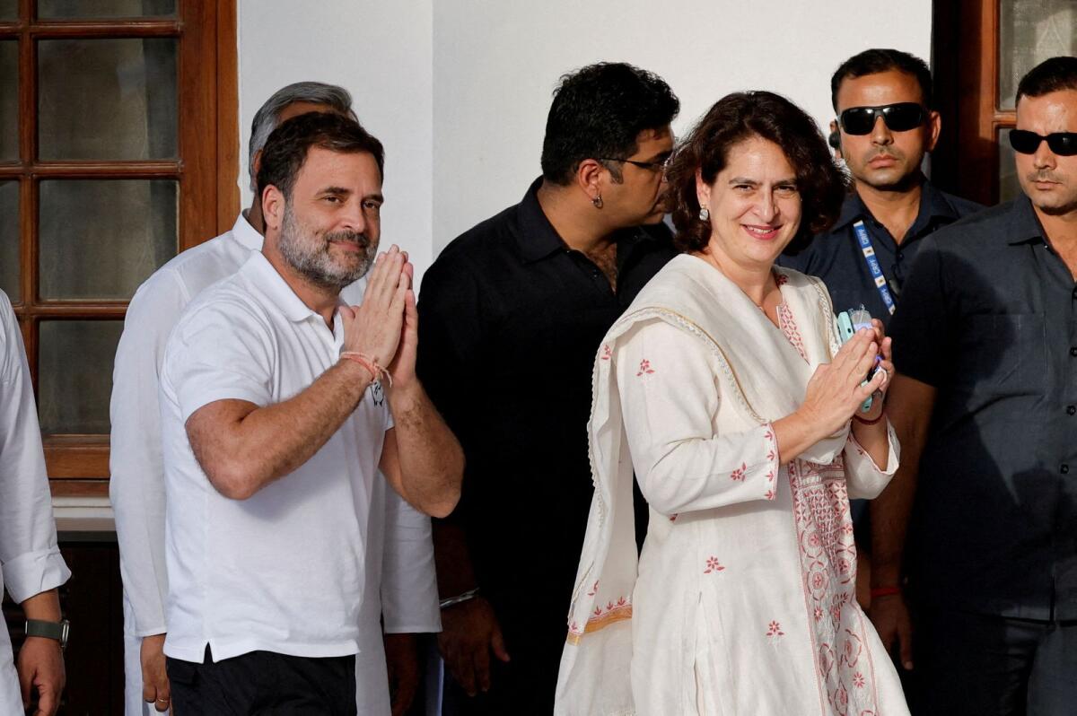Priyanka Gandhi Vadra and her brother Rahul Gandhi are seen ahead of an INDIA alliance meeting in New Delhi on June 5. — Reuters file