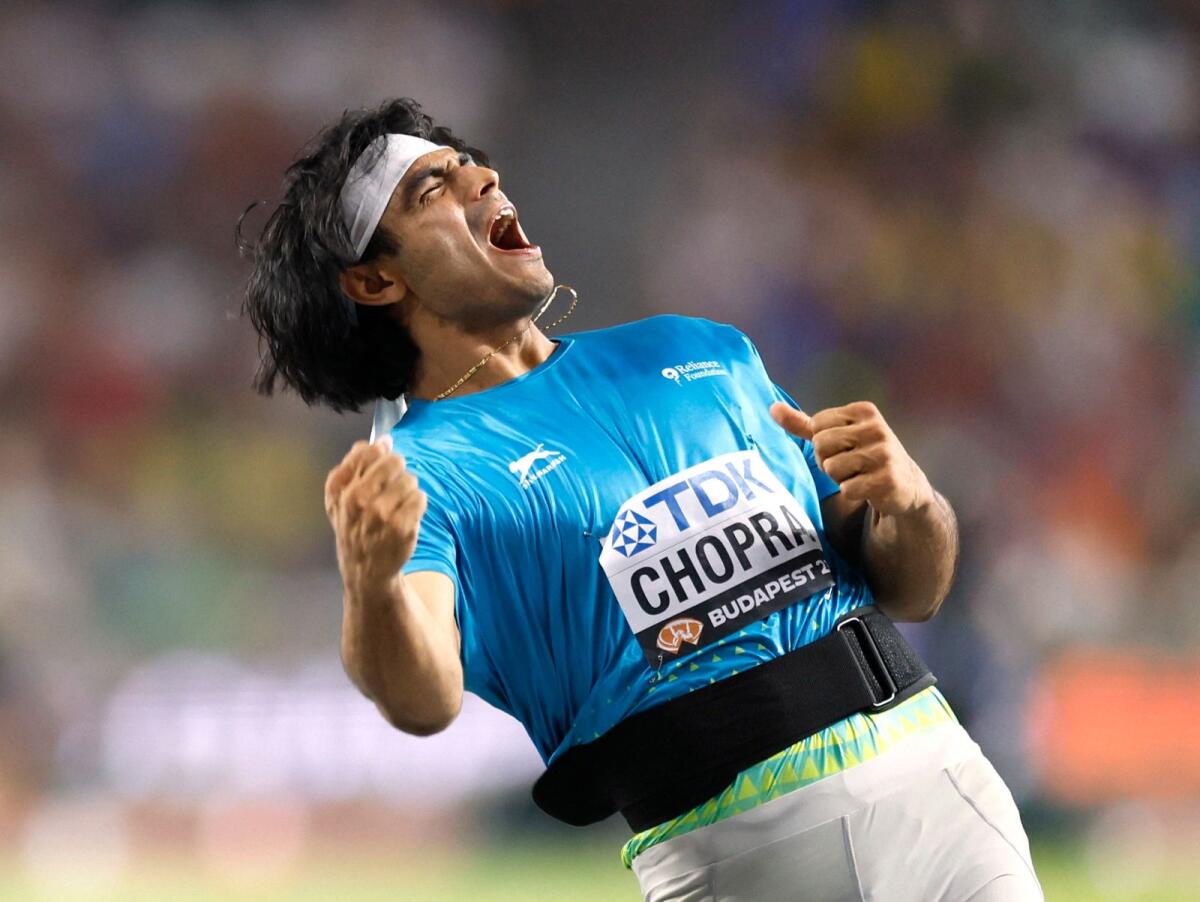 India's Neeraj Chopra reacts during the men's javelin throw final. — Reuters