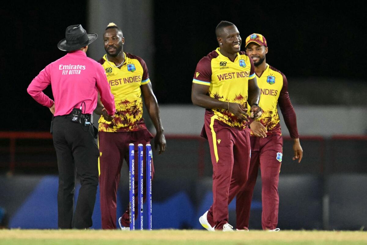 West Indies' players in action during the ongoing ICC men's Twenty20 World Cup. —  AFP