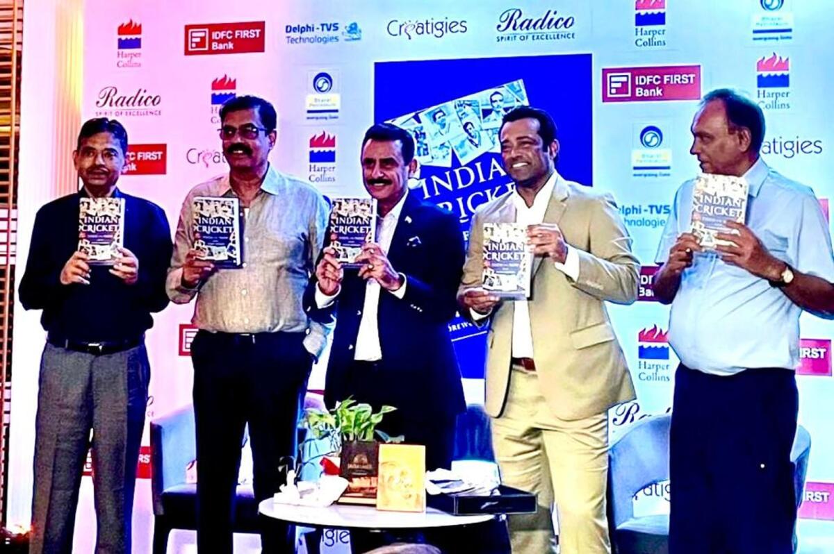 (From left) Ratnakar Shetty, former BCCI Chief Administrative Officer, legendary Indian batsman Dilip Vengsarkar, Navroze Dhondy, tennis icon Leander Paes and Venkat Sundaram at the book launch in Mumbai. — Supplied photo