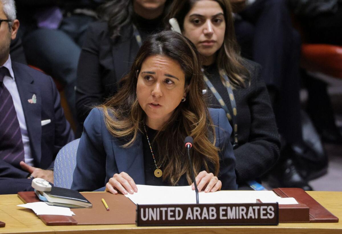 United Arab Emirates Ambassador to the UN Lana Zaki Nusseibeh addresses the Security Council. Photo: Reuters