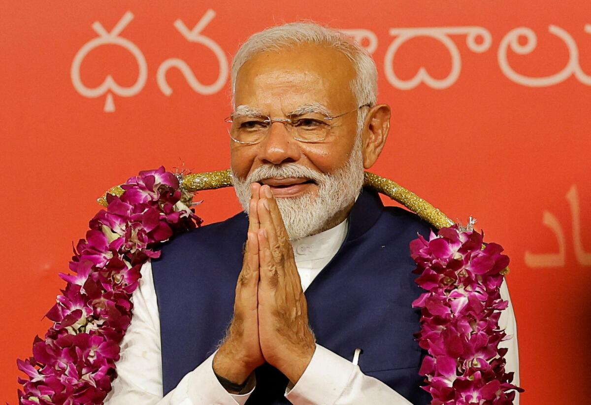 Indian Prime Minister Narendra Modi gestures, at the Bharatiya Janata Party (BJP) headquarters in New Delhi, India, June 4, 2024. Photo: Reuters