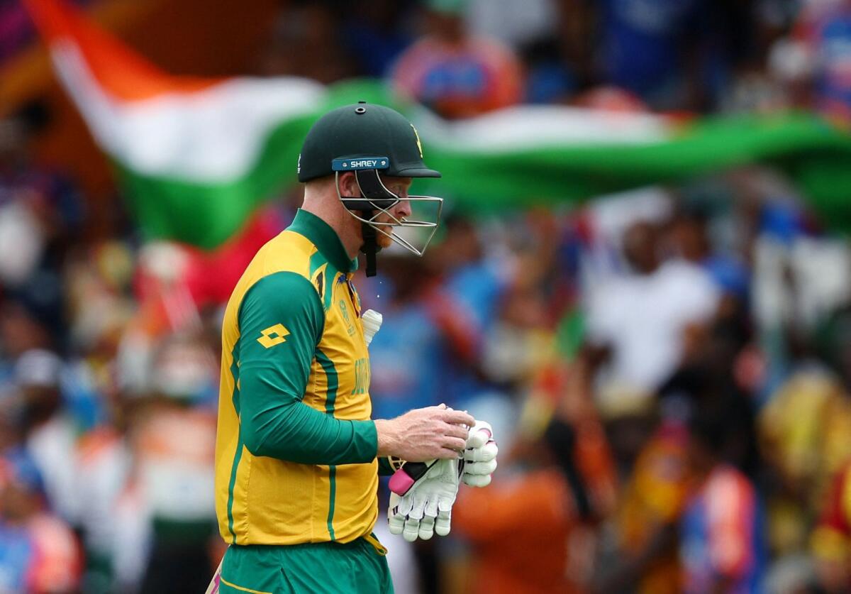 South Africa's Heinrich Klaasen looks dejected as he walks off the pitch after losing his wicket. — Reuters