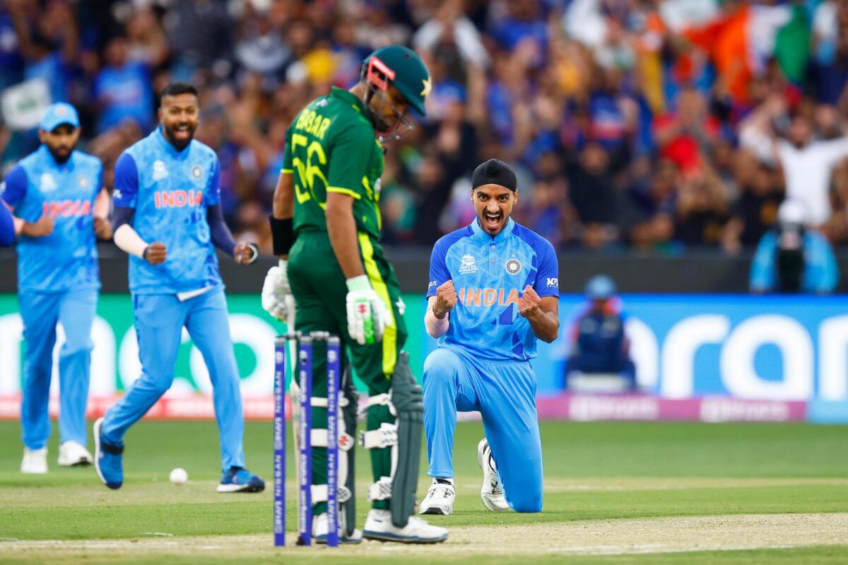 Arshdeep Singh celebrates the wicket of Pakistan captain Babar Azam. (ICC Twitter)