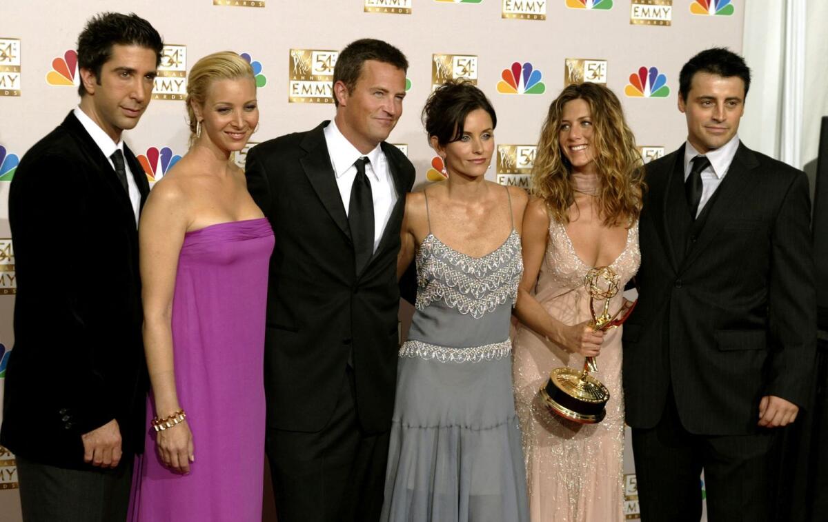 FILE: The cast of 'Friends' appears in the photo room at the 54th annual Emmy Awards in Los Angeles September 22, 2002. From the left are David Schwimmer, Lisa Kudrow, Matthew Perry, Courteney Cox Arquette, Jennifer Aniston and Matt LeBlanc. Photo: Reuters