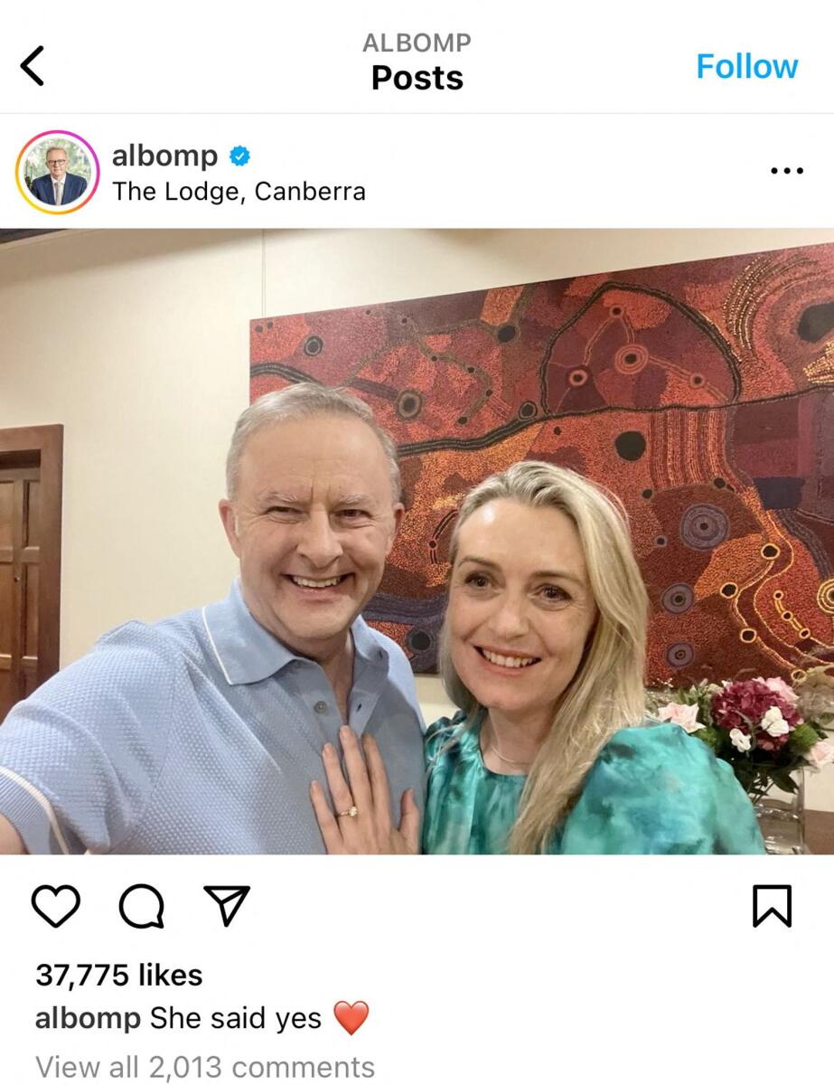 Australia's Prime Minister Anthony Albanese with fiancee Jodie Haydon in an engagement announcement post on Instagram that was captioned 'She said yes' and released on in this screen grab obtained from social media. — Reuters