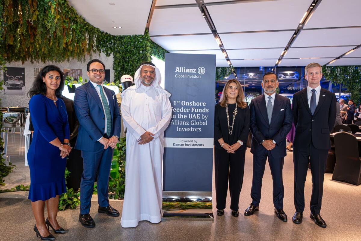 From left: Safa Bouzidi Leterme, managing director, Daman Investments; Mohamed Hmidi, director, Allianz Gl; Shehab Gargash, founder and chairman, Daman Investments;  Malie Conway, head of Global Clients and Growth Markets, AllianzGI; Ahmed Khizer Khan, CEO, Daman Investments; and Sam Ross, vice-president | Global Clients and Growth Markets, AllianzGI. — Supplied photo