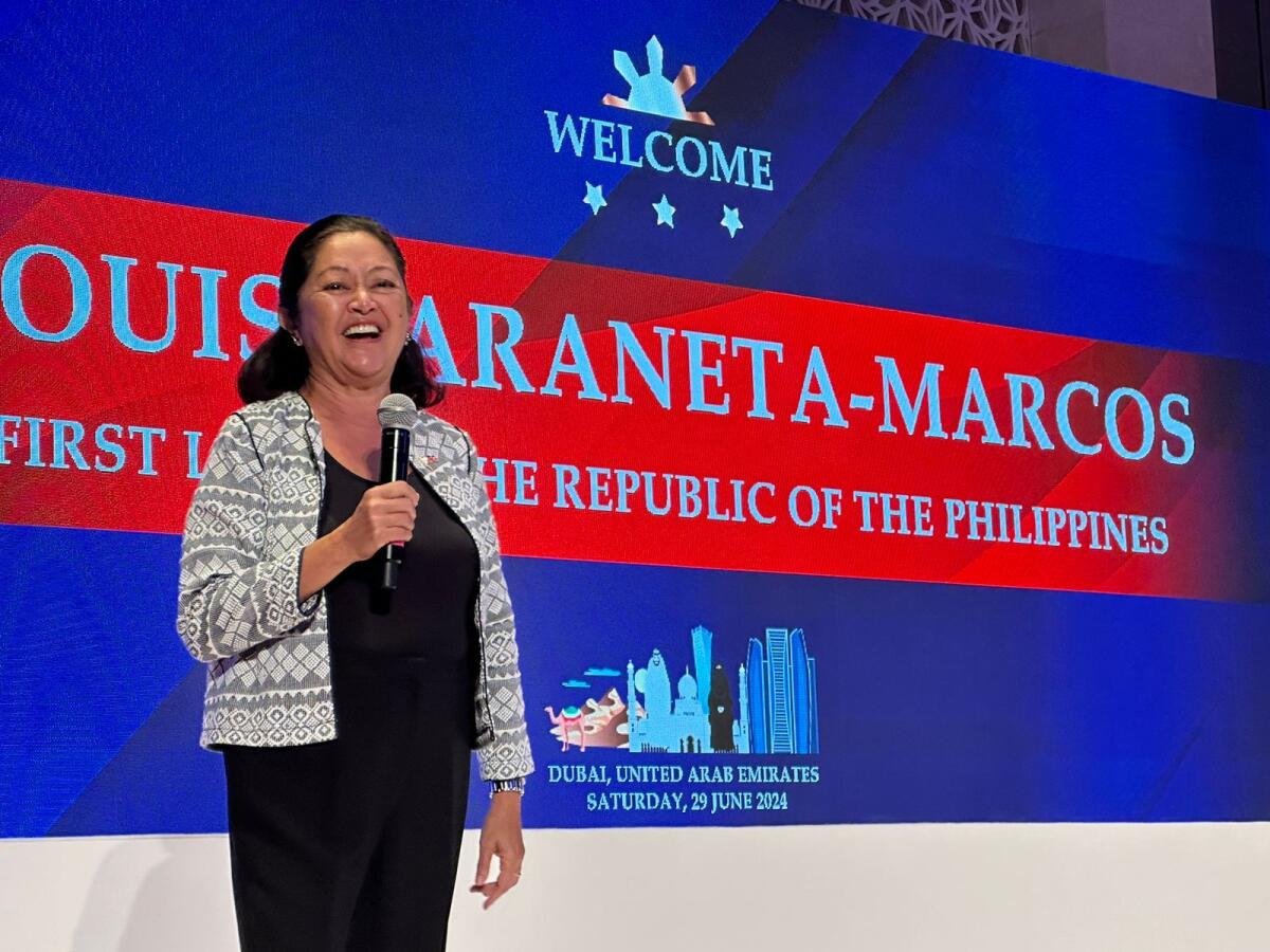 Philippine first lady Marie Louise ‘Liza’ Araneta-Marcos during a meeting with Filipino community leaders in the UAE on Saturday. — Photo: Angel Tesorero / KT