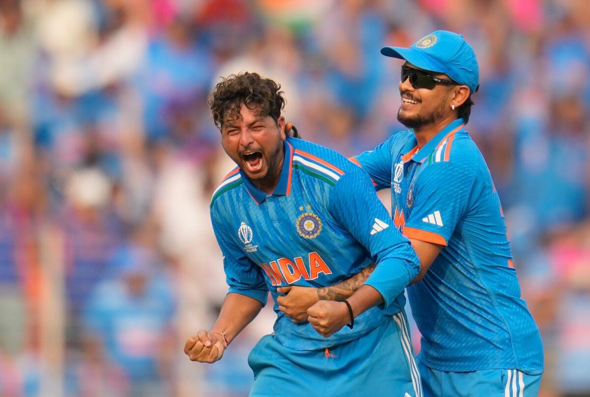 India's Kuldeep Yadav celebrates the wicket of Pakistan's Saud Shakeel during the ICC World Cup match in Ahmedabad on Saturday. — AP