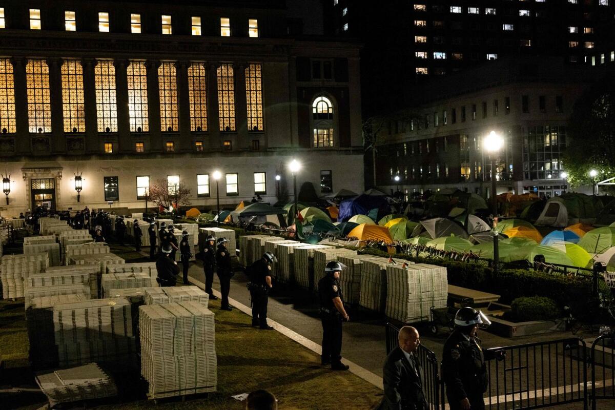 Members of the NYPD surround the Columbia University campus to clear the pro-Palestinian protest encampment and Hamilton Hall where demonstrators barricaded themselves inside on April 30, 2024 in New York City. Photo: AFP