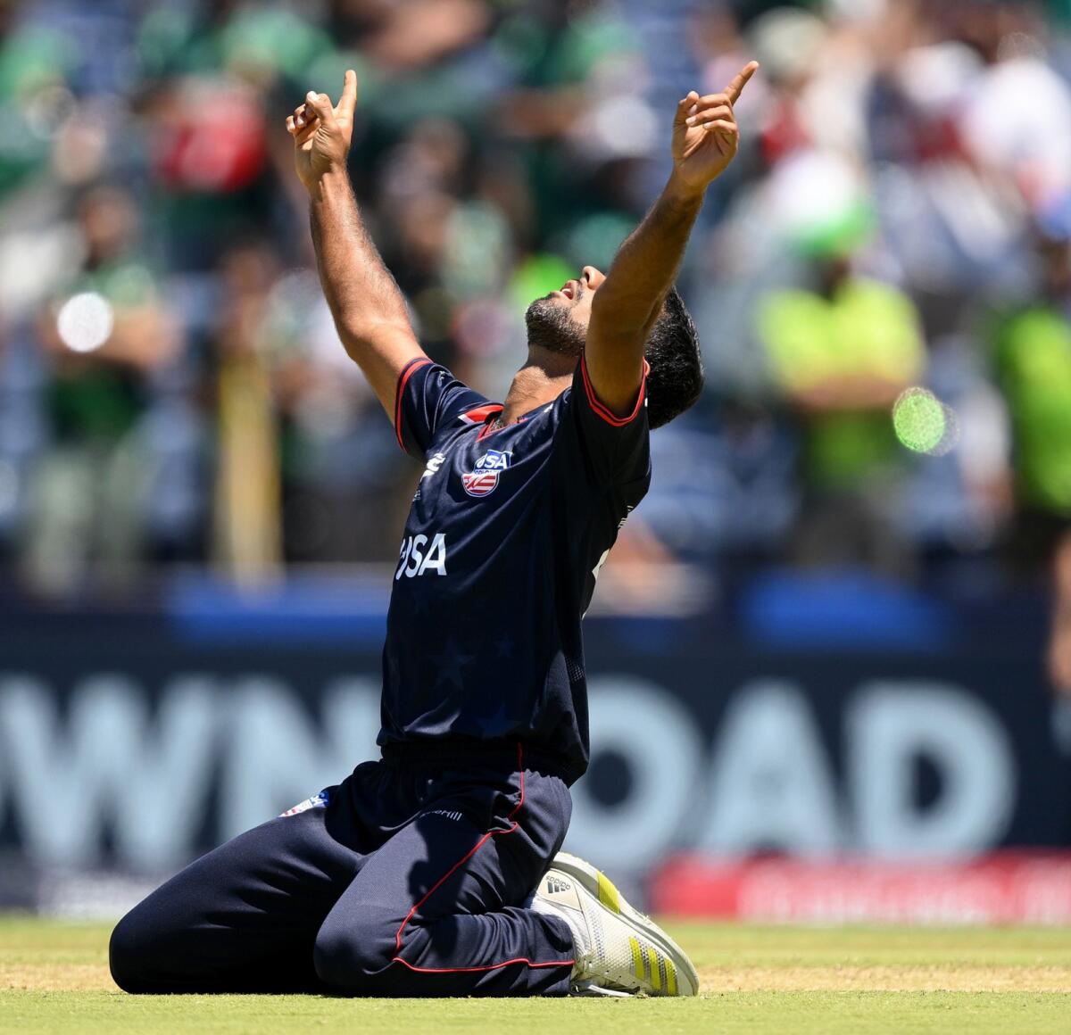 USA bowler Saurabh Netravalkar celebrates the historic win. — X