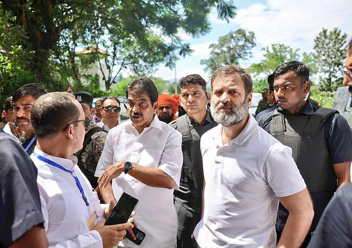 Congress leader Rahul Gandhi after being stopped by the Manipur police in Bishnupur district on Thursday. After arriving at Imphal, he was travelling in a convoy to Churachandpur to visit relief camps in the area when police halted his convoy fearing attacks on it. Photo: PTI