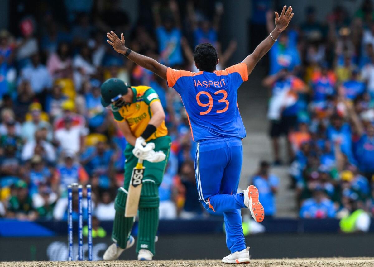 Jasprit Bumrah celebrates after getting the wicket of Marco Jansen. — AFP